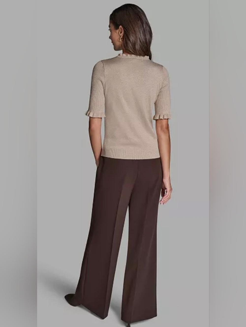 BCBG Neutral Gold Ruffle-Trim Short Sleeve Knit Top - Picture 3 of 7